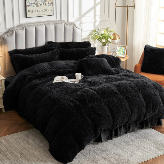 Sasttie Fluffy Duvet Cover King Shaggy King Duvet Cover Fuzzy Faux Fur and Velvet Duvet Cover Set with Zipper Closure and Corner Ties - 1 Duvet Cover and 2 Pillowcases Black